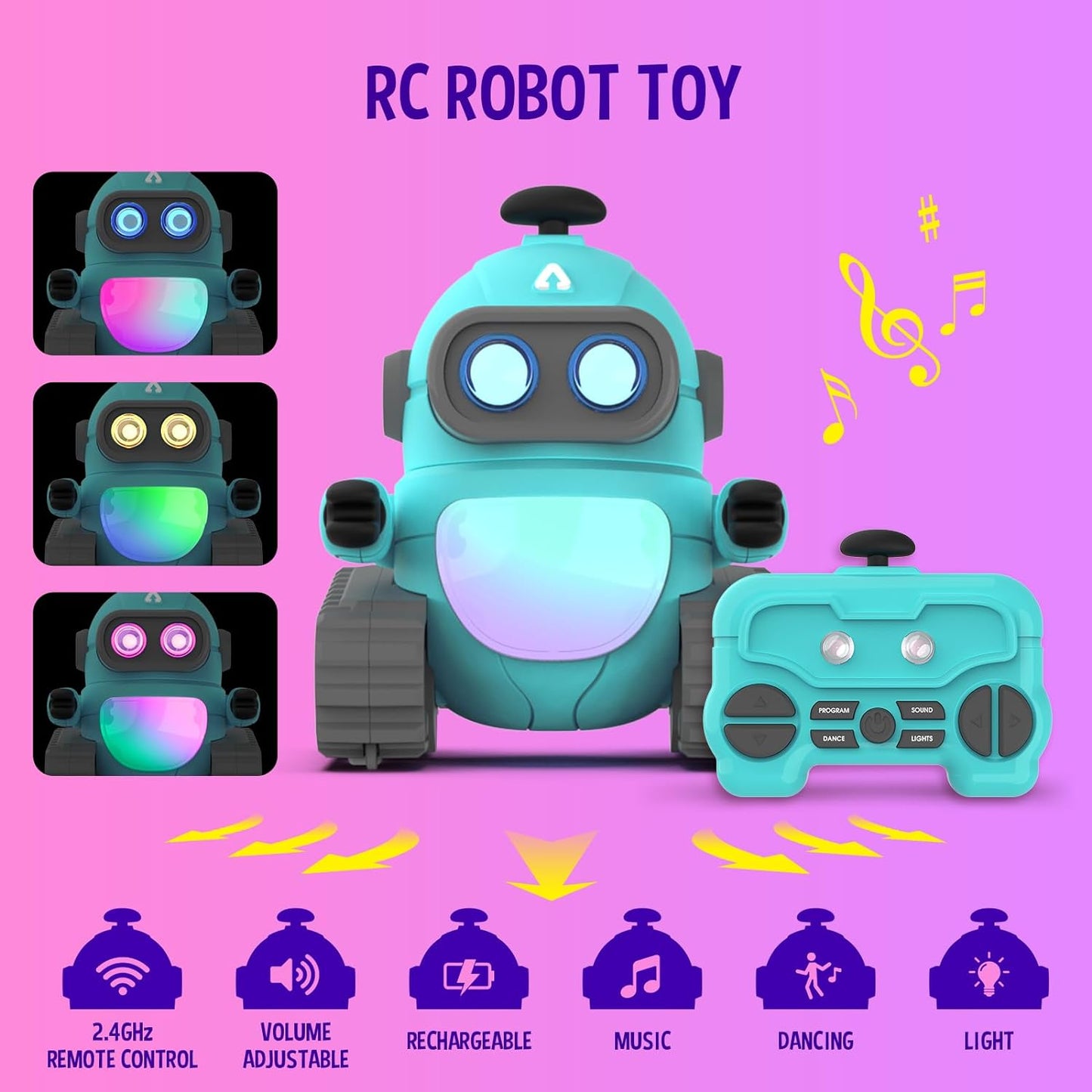 Robot Toys for Boys, Rechargeable Remote Control Robot Toy for Kids, Programmable RC Robots with LED Eyes, Flexible Head & Arms, Dance Moves, Music, Birthday Gifts for Boys Ages 3+ Years - Toyigo