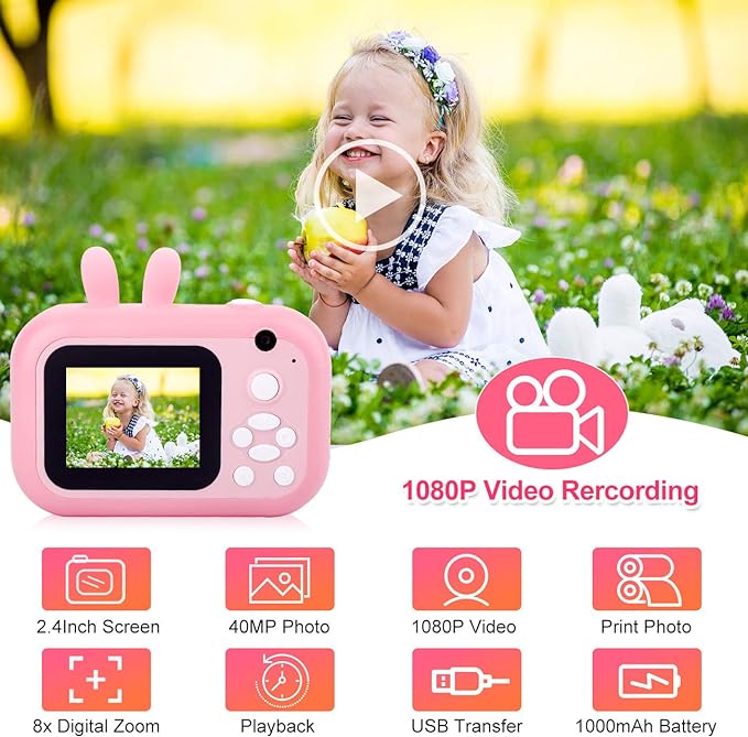 Instant Camera for Kids Digital Camera for Girls Toddler Camera with Print Paper, 40MP Kids Video Camera Child Selfie Camera Toy Camera Kids Camcorder 2.4 Inch Screen and 32GB TF Card