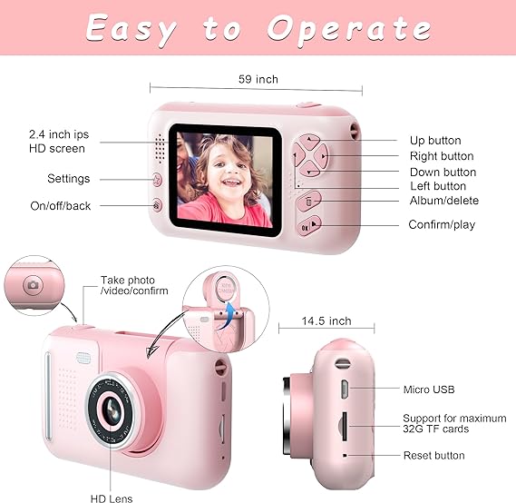 Kids Camera, Mini Kids Camera for Girls, Kids Digital Camera, Kid Video Camera for vlogging, Kids Video Camera with Flip-up Lens for Toddler Camera 3-8 Years Old Girls - Toyigo