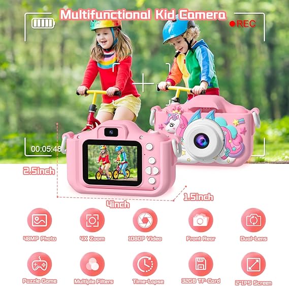 Kids Camera, Toy Camera for Kids Aged 3-12, 1080P HD Toddler Digital Video Camera, Children's Camera for Boys and Girls, Perfect  for Christmas & Birthday Gifts, 32GB Card - Pink - Toyigo