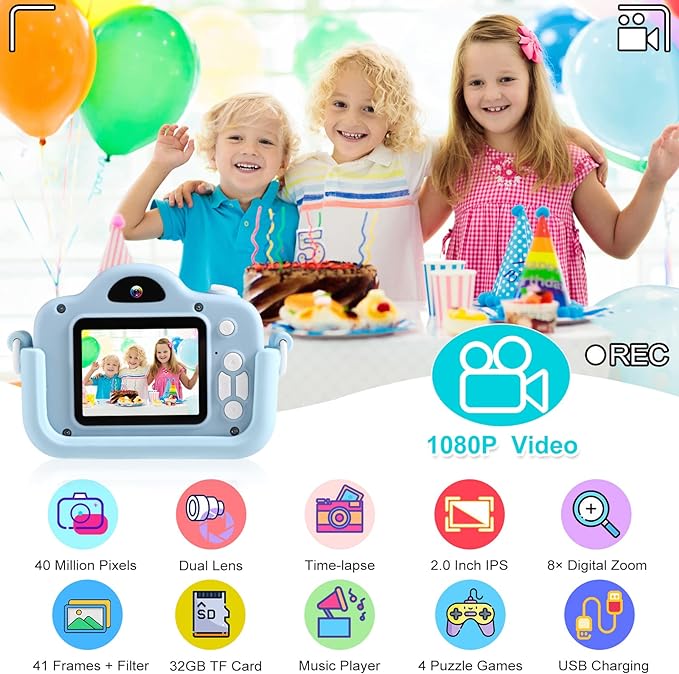 Kids Camera for Boys Upgrade 40MP Digital Camera for Kids Gifts for 3 4 5 6 7 8 9 Year Old Girls Boys Toys Dual Selfie Video Camera for Christmas Birthday Learning Toddler Toys Camera,Blue