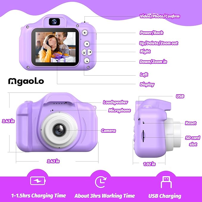 Kids Camera Toys for 3-12 Years Old Boys Girls Children,Portable Child Digital Video Camera with Silicone Cover, Christmas Birthday Gifts for Toddler Age 3 4 5 6 7 8 9 (Cat Purple) - Toyigo