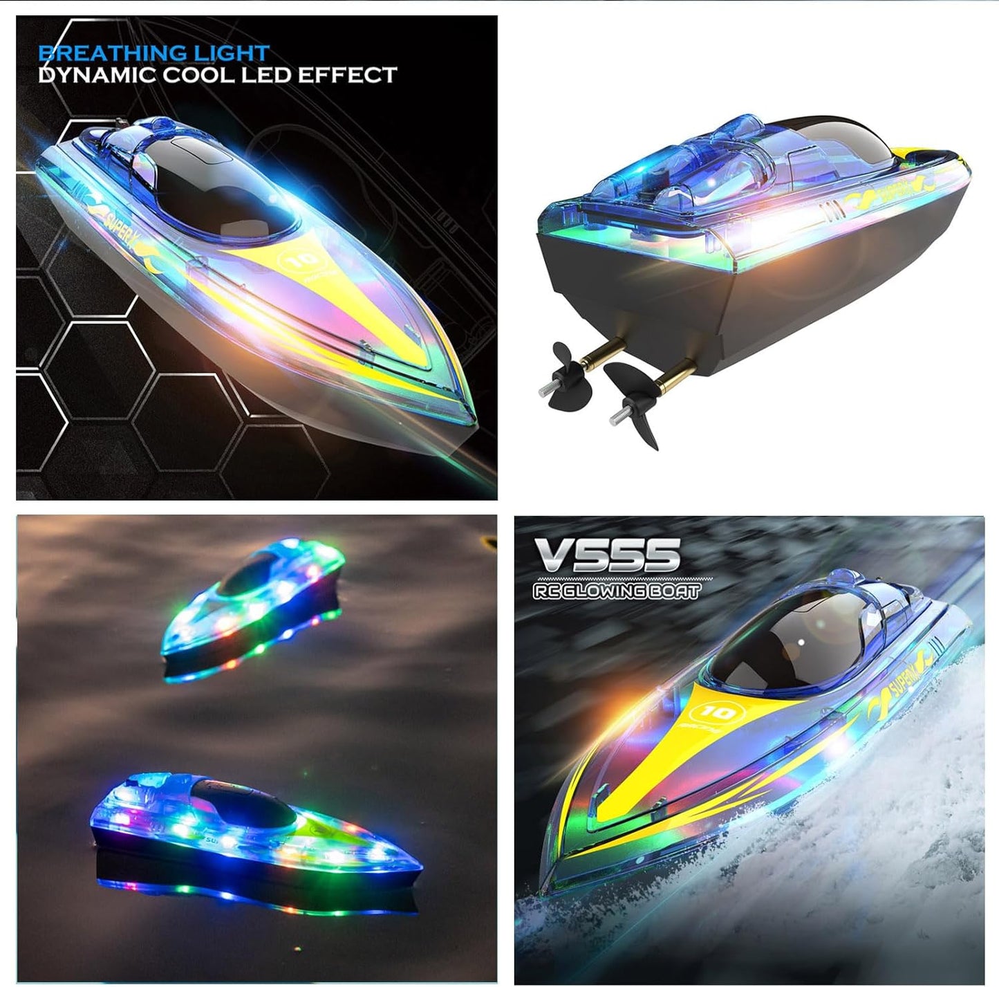 V555 Remote Control Racing Boat - Fast Waterproof RC Boat with LED Lights