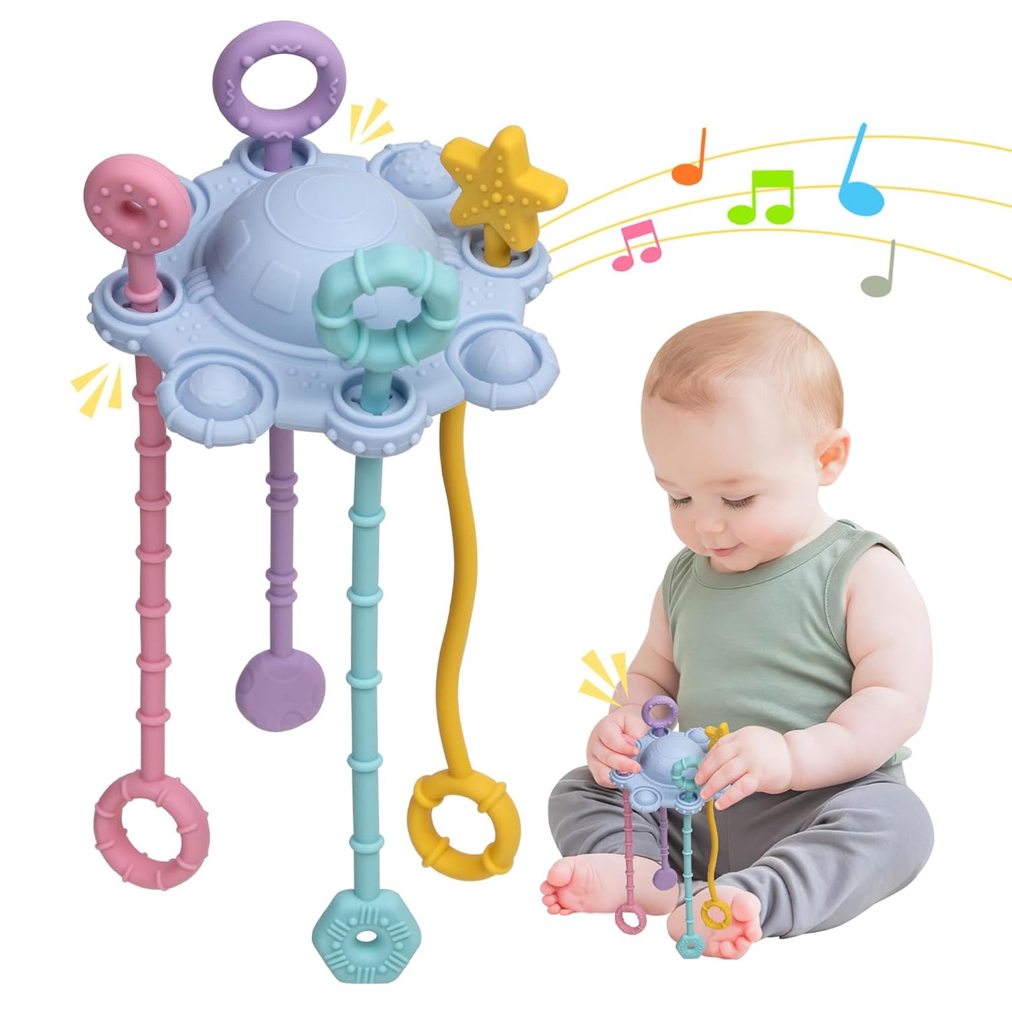 Montessori Pull String Baby Toy - 100% Food Grade Silicone with Rattle Function & Easy-Clean Design (Blue)