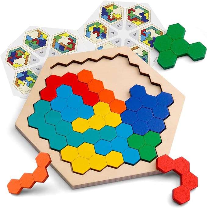 Wooden Hexagon Puzzle ? Shape and Pattern Block Brain Teaser for Kids and Adults, STEM Montessori Educational Gift, Geometry Logic IQ Game