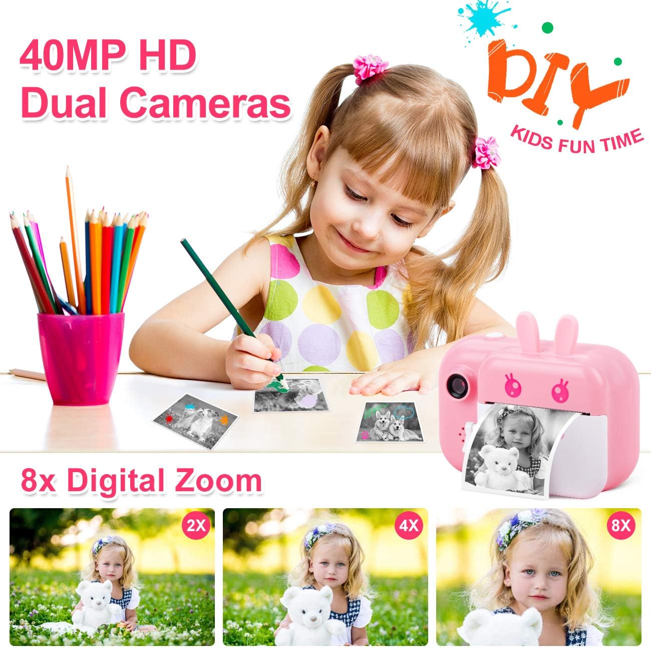 Instant Camera for Kids Digital Camera for Girls Toddler Camera with Print Paper, 40MP Kids Video Camera Child Selfie Camera Toy Camera Kids Camcorder 2.4 Inch Screen and 32GB TF Card