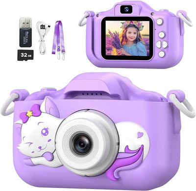 Kids Camera Toys for 3-12 Years Old Boys Girls Children,Portable Child Digital Video Camera with Silicone Cover, Christmas Birthday Gifts for Toddler Age 3 4 5 6 7 8 9 (Cat Purple) - Toyigo