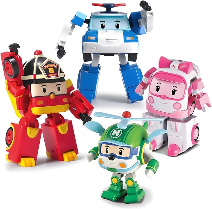 Robocar Poli  + Amber + Roy + Hilly Transforming Robot Toys, 4" Transformable Action Figure Toy, Emergency Vehicle Playset, Holiday Birthday Rescue Car Toys Gift for Boys Girls Age 1-5