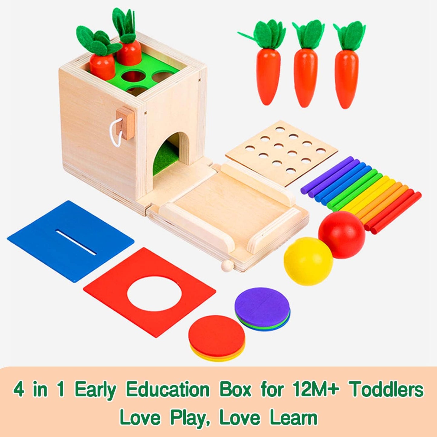 Montessori Wooden Learning Toys: 4-in-1 Object Permanence Box, Coin Box, Carrot, Shape Sorter for Toddlers