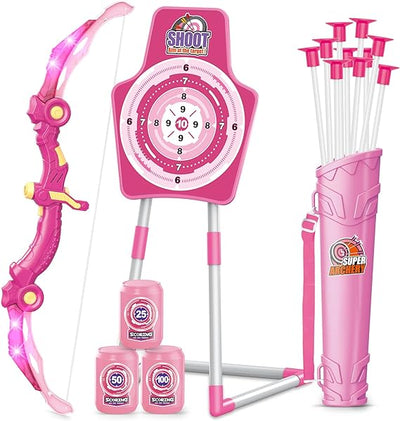 Bow and Arrow Toys for Girls 5 6 7 8 Years Old, Archery Set Includes Super Bow with LED Lights, 10 Suction Cups Arrows,Archery Set with Standing Target and 3 Target Cans, for Girls - Toyigo