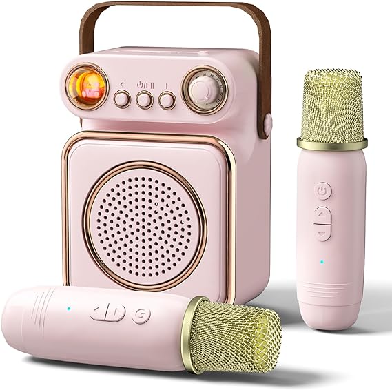 Mini Karaoke Machine with 2 Wireless Microphones for Kids Adults - Portable Bluetooth Speaker Toy for Boys Girls Home Party Birthday Gift Travel (Light Pink) - Toyigo