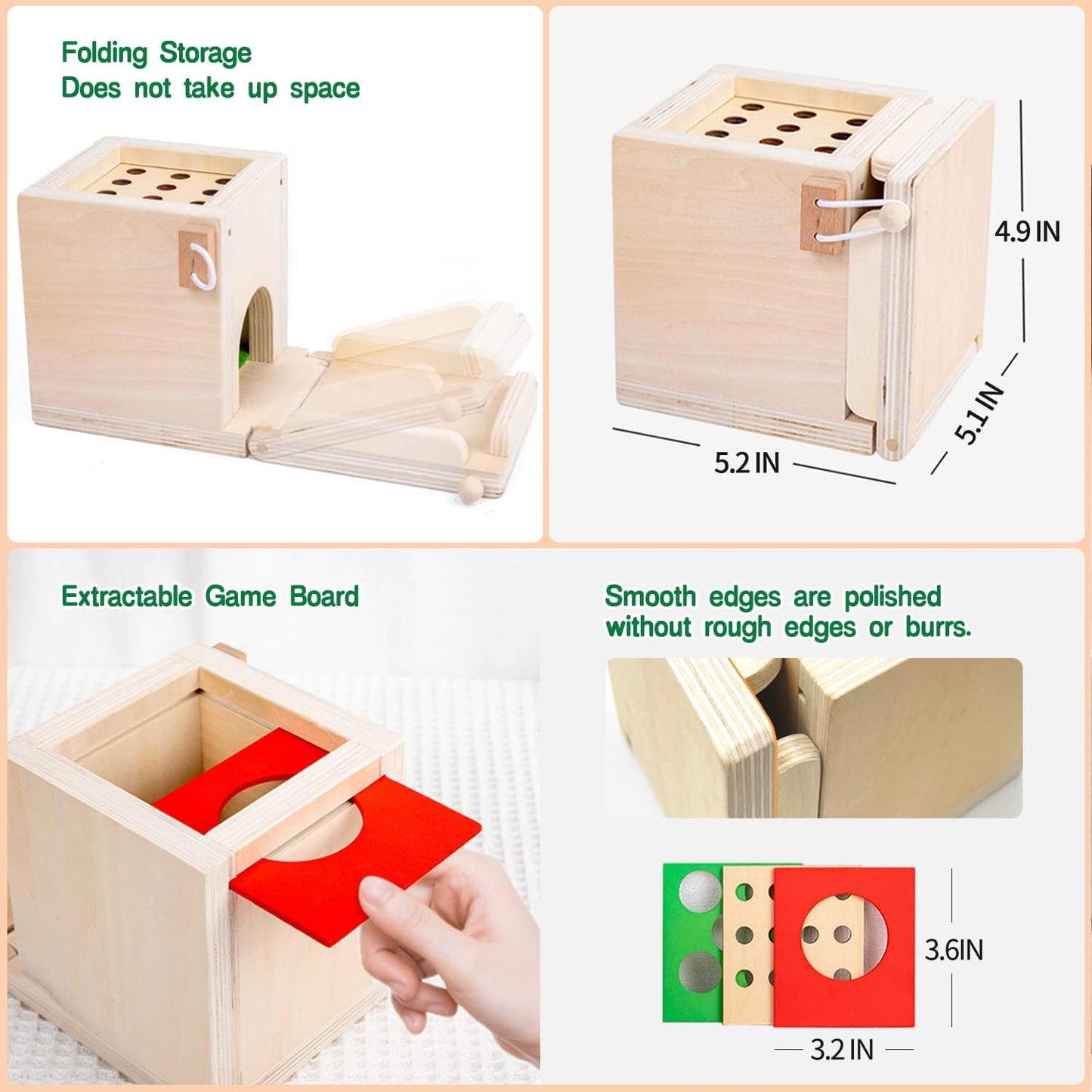 Montessori Wooden Learning Toys: 4-in-1 Object Permanence Box, Coin Box, Carrot, Shape Sorter for Toddlers