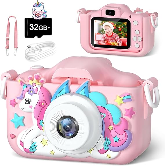 Kids Camera, Toy Camera for Kids Aged 3-12, 1080P HD Toddler Digital Video Camera, Children's Camera for Boys and Girls, Perfect  for Christmas & Birthday Gifts, 32GB Card - Pink - Toyigo