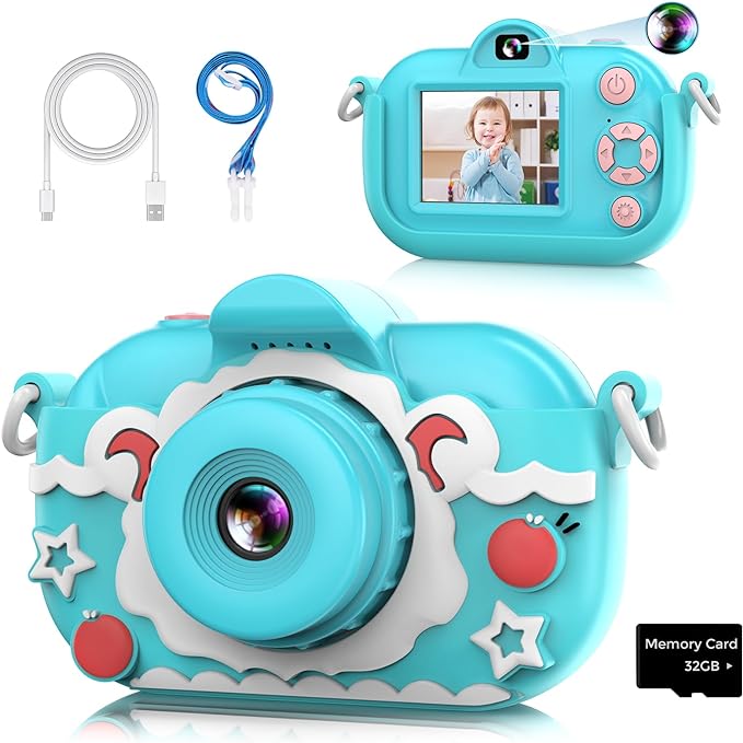 Kids Camera for Boys Girls, Dual Selfie Mini Children Camera Age 3 4 5 6 7 8 9 Year Old Kids Camcorder Christmas Birthday Gift for Girls Boys Toy Camera for Kids 32MP Video Camera with 32GB SD Card