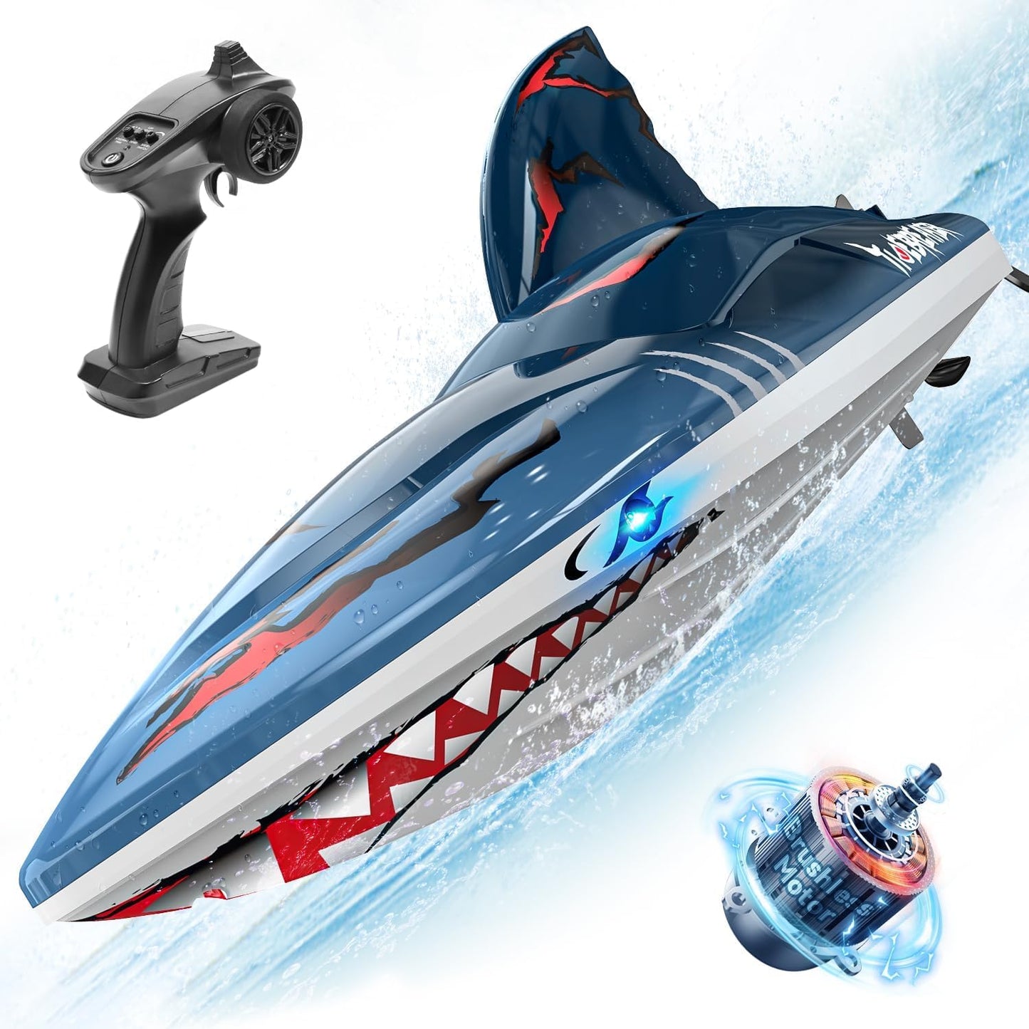 Fast Brushless RC Shark Boat, 30+ MPH Speed, LED Lights, 2.4GHz Self-Righting Remote Control Boat