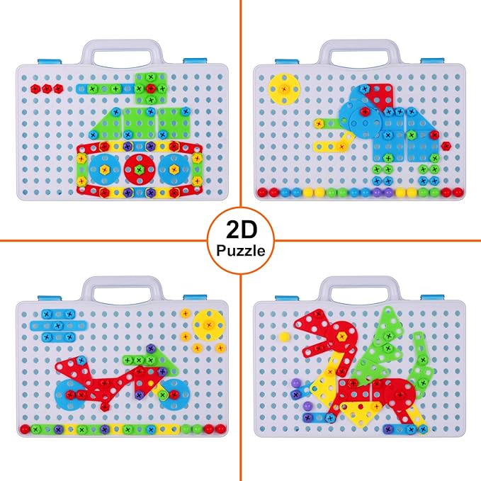 DIY Creative Mosaic Drill Set for Kids, 193 Pieces STEM Drill Toys Kit, Construction Engineering Building Blocks Learning Kit for Ages 3-10 Years Old, Creative Games & Fun Activity