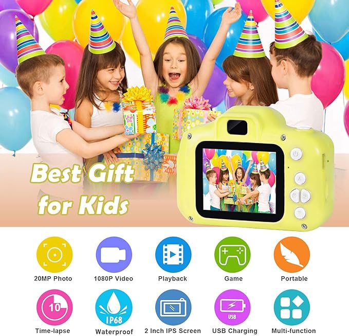 Kids Waterproof Camera Christmas Birthday Festival Gifts for Boys Girls Age 3-9, Mini Digital Cameras for Children, Portable Toddler Toys for 3 4 5 6 7 8 9 Years Old with 32GB Card (Yellow)