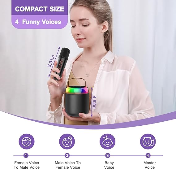 Mini Karaoke Machine for Kids Portable Bluetooth 5.3 Speaker Led Lights with 2 Wireless Microphones Karaoke Gifts for Girls Boys Audlt Birthday Christmas Indoor Outdoor Home Party (Black) - Toyigo