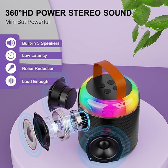 Mini Karaoke Machine for Kids Portable Bluetooth 5.3 Speaker Led Lights with 2 Wireless Microphones Karaoke Gifts for Girls Boys Audlt Birthday Christmas Indoor Outdoor Home Party (Black) - Toyigo