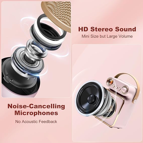 Mini Karaoke Machine with 2 Wireless Microphones for Kids Adults - Portable Bluetooth Speaker Toy for Boys Girls Home Party Birthday Gift Travel (Light Pink) - Toyigo