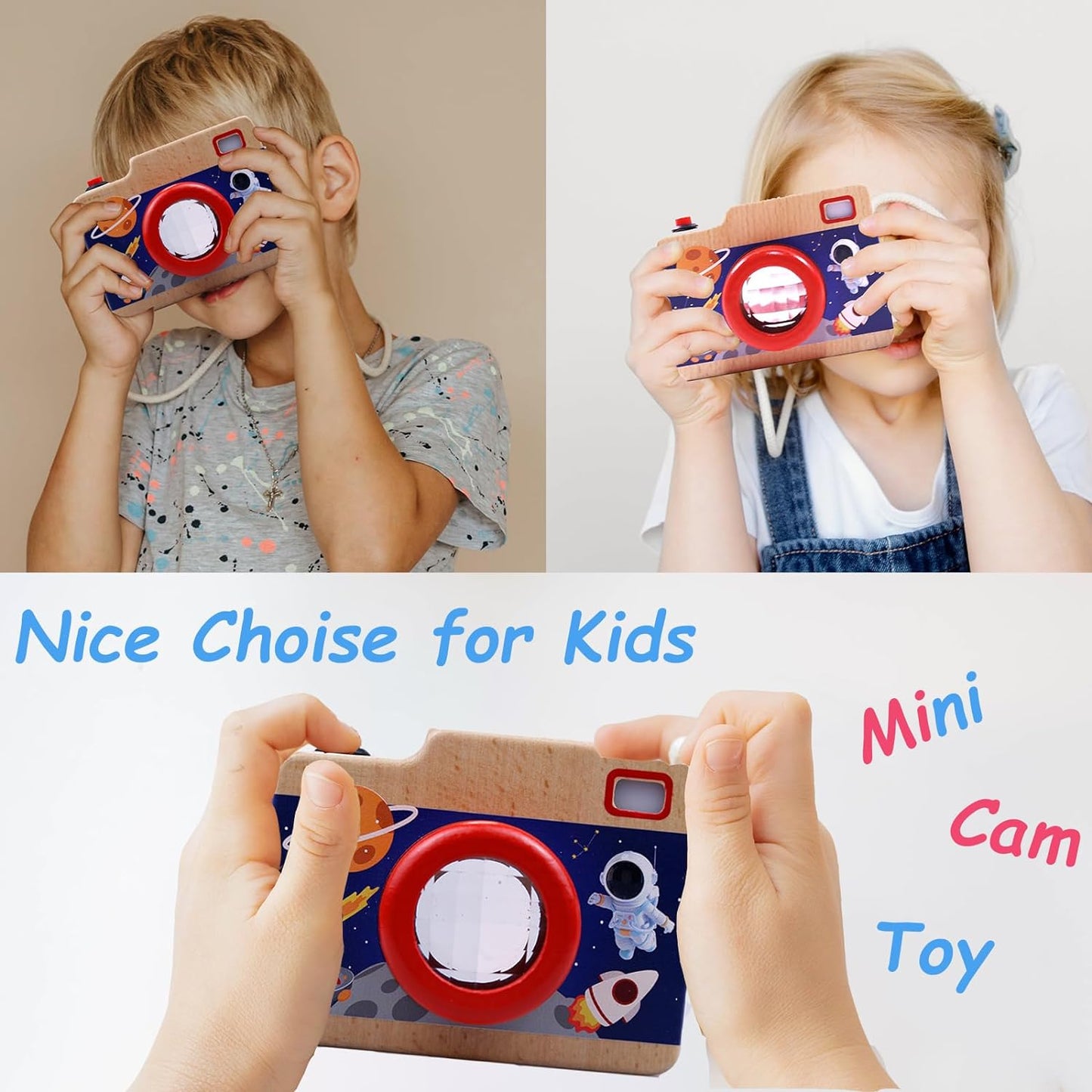 Wooden Mini Camera Toy, Fake Camera Toys, Kaleidoscope Toys, Neck Hanging Photographed Props for Toddlers Age 3-5, Kids Pretend Play, Red and Blue (Pack of 1) - Toyigo