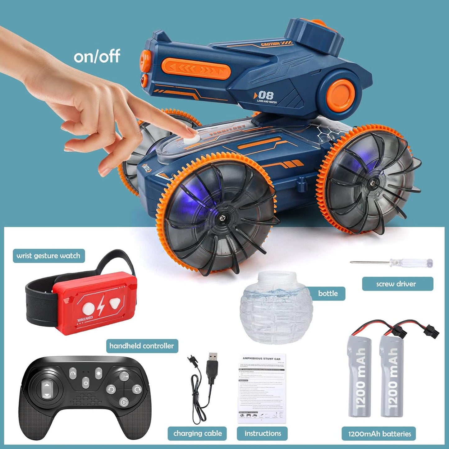 Amphibious RC Car Boat with Water Gun, Gesture Sensing, 4WD, 360ø Rotation - Fun for Kids 6+, Beach & Pool Toy