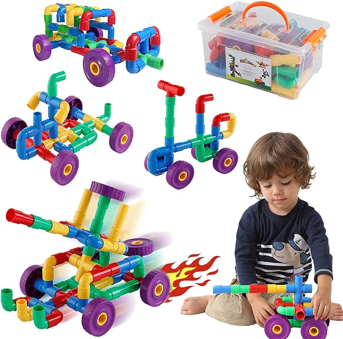 Learning Toy Tubular Pipes & Spouts & Joints 64, 75, 95 Piece  Build Bicycle, Tank, Scottie, Meter Skills Endless Designs Educational Building Blocks Set for Kid Ages 3+ Multicolor