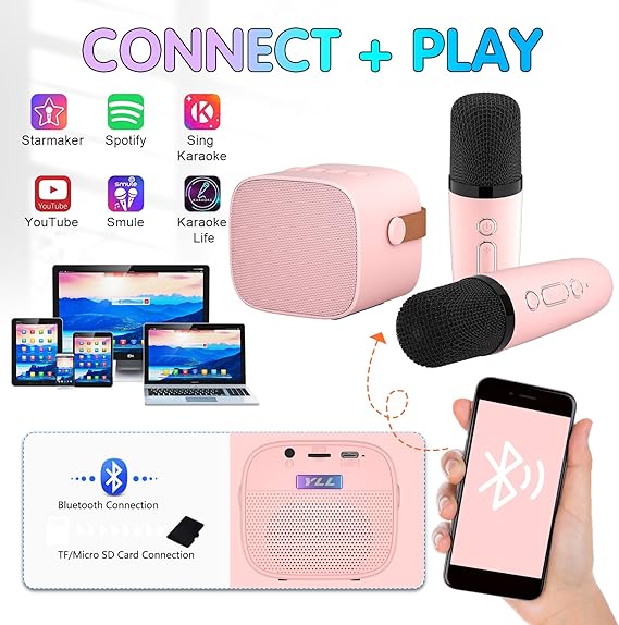 Mini Karaoke Machine for Kids Adults, Portable Bluetooth Speaker with 2 Wireless Microphones,18 Pre-Loaded Songs Toys(Lightpink) - Toyigo