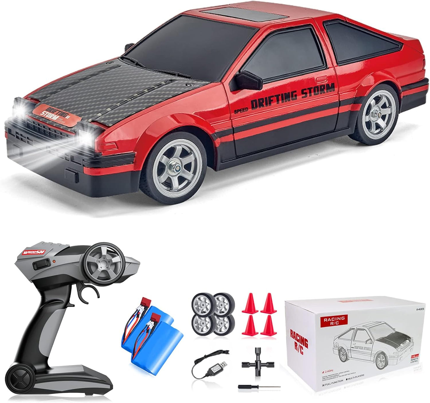 Remote Control Car, RC Drift Car 2.4GHz 1:16 Scale, 4WD 18KM/H High Speed Model, Vehicle with LED Lights, Spray Rubber Tire Racing Sport Toy Car