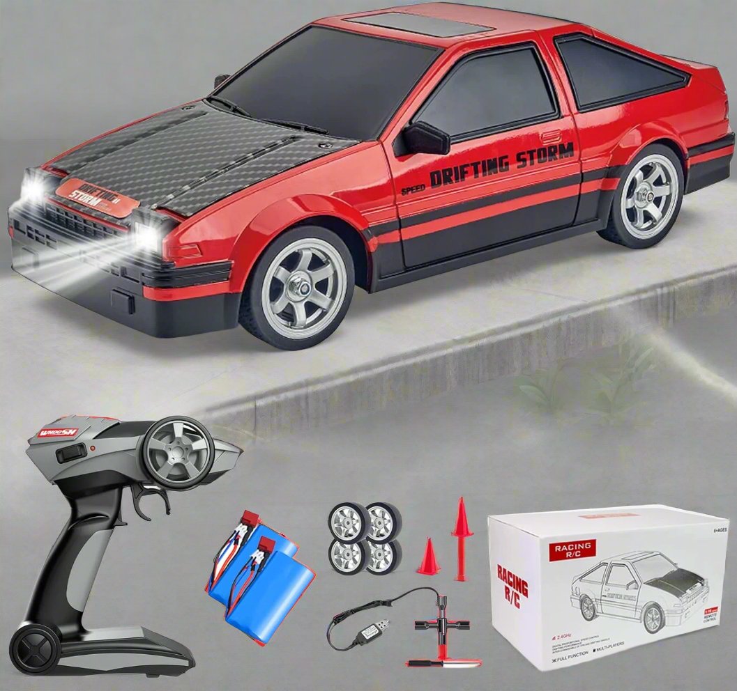 Remote Control Car, RC Drift Car 2.4GHz 1:16 Scale, 4WD 18KM/H High Speed Model, Vehicle with LED Lights, Spray Rubber Tire Racing Sport Toy Car