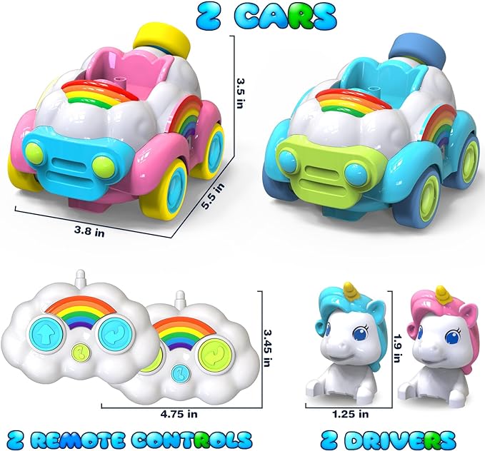 Unicorn Toys, Remote Control Unicorn Cars, 2 Pack with LED Lights Music, and Sound, Toys for Ages 2-4, 2 Pack with LED Lights For Kids - Toyigo