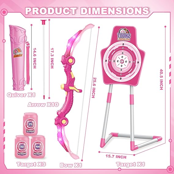 Bow and Arrow Toys for Girls 5 6 7 8 Years Old, Archery Set Includes Super Bow with LED Lights, 10 Suction Cups Arrows,Archery Set with Standing Target and 3 Target Cans, for Girls - Toyigo