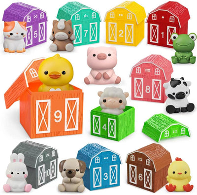 Toddler Learning Toy Set (1-3 Years) ? 10 Farm Animal Toys & 10 Barns for Counting, Matching, and Sorting | Montessori Sensory Educational Play | Ideal Christmas, Birthday, or Easter Gift for Boys and Girls