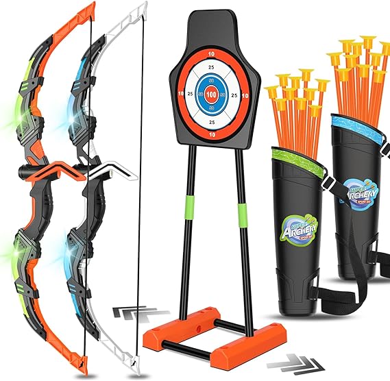 Kids Bow and Arrow Set, LED Light Up Archery Toy Set with 9 Suction Cup Arrows, Target & Arrow Case, Indoor and Outdoor Hunting Play Gift Toys for Kids, Boys & Girls Ages 3-12 - Toyigo