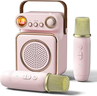 Mini Karaoke Machine with 2 Wireless Microphones for Kids Adults - Portable Bluetooth Speaker Toy for Boys Girls Home Party Birthday Gift Travel (Light Pink) - Toyigo