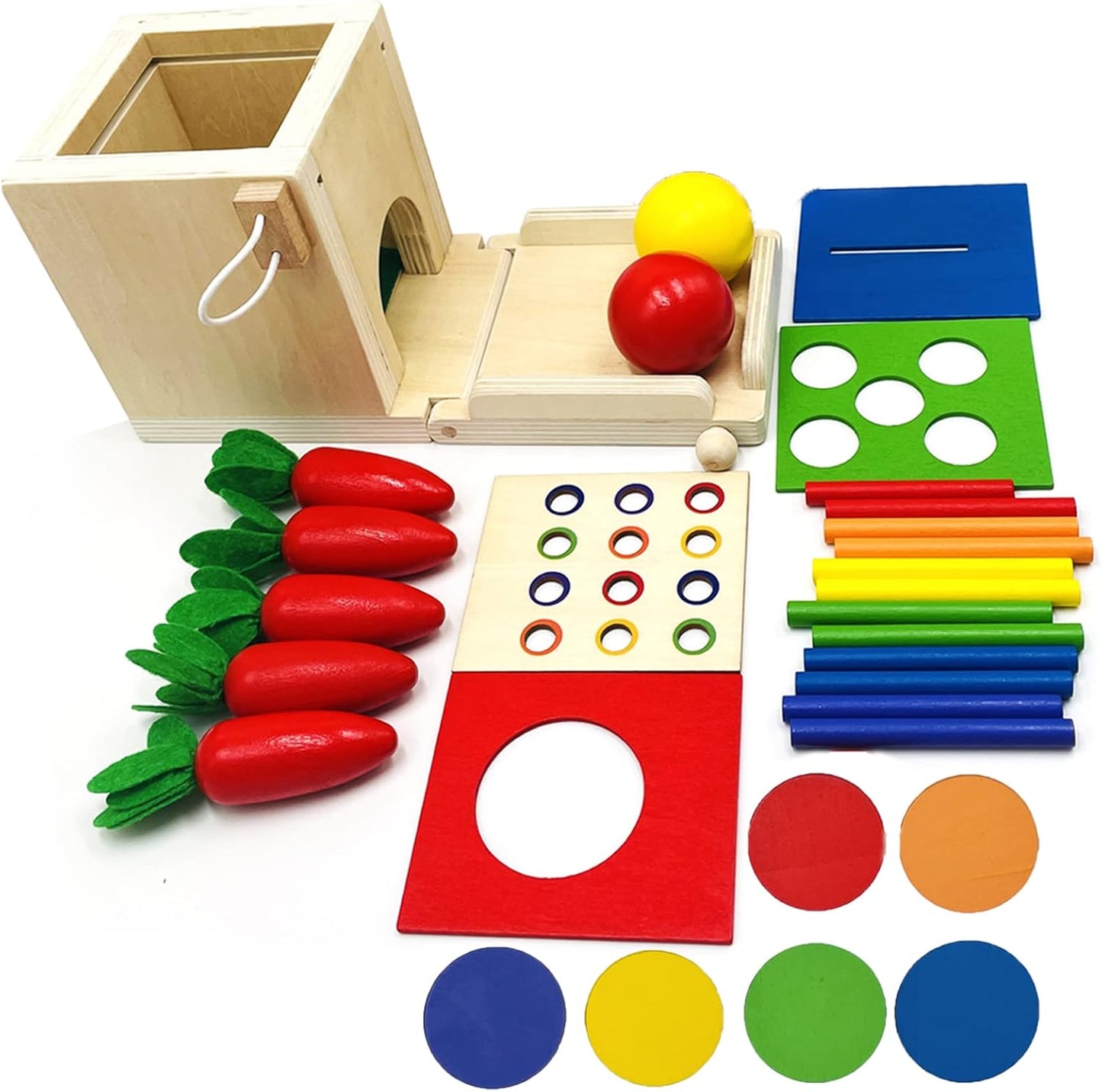 Montessori Wooden Learning Toys: 4-in-1 Object Permanence Box, Coin Box, Carrot, Shape Sorter for Toddlers