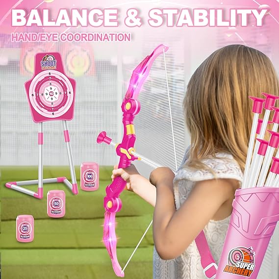 Bow and Arrow Toys for Girls 5 6 7 8 Years Old, Archery Set Includes Super Bow with LED Lights, 10 Suction Cups Arrows,Archery Set with Standing Target and 3 Target Cans, for Girls - Toyigo