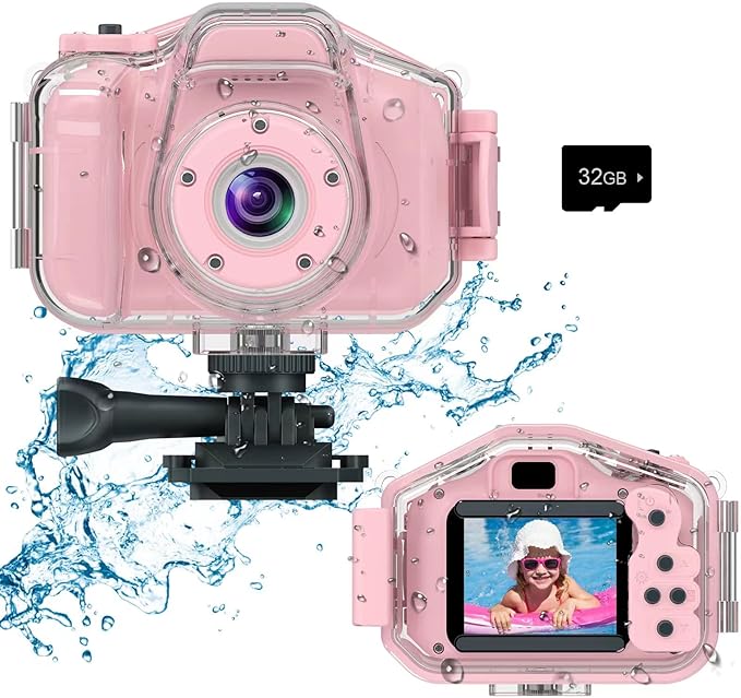 Kids Waterproof Camera for Girls, Christmas Birthday 3-12 Year Old Boys Toddler Toys Gifts, Mini Underwater Children HD Digital Action Cameras, 2 Inch IPS Screen with 32GB Card (Pink)