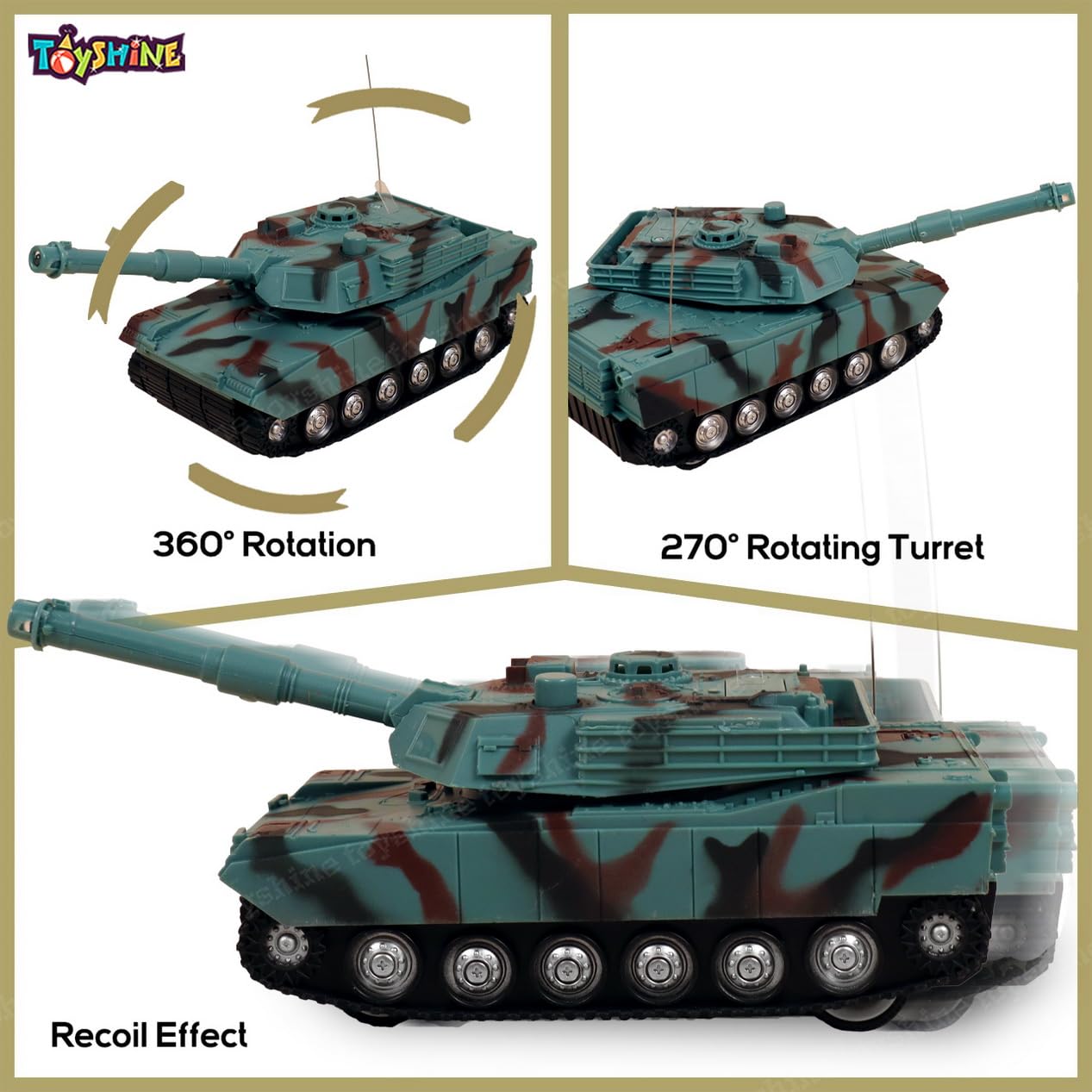 4CH Remote Control RC Tank with Light and Music - 360° Rotating Military Tank Toy for Kids