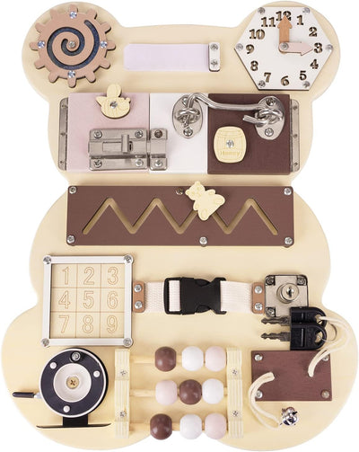 Montessori Busy Board Bear for Toddlers ? Wooden Sensory & Activity Board with Keys, Locks, & Latches for Fine Motor Skills and Educational Play