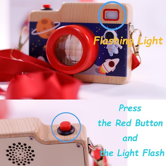 Wooden Mini Camera Toy, Fake Camera Toys, Kaleidoscope Toys, Neck Hanging Photographed Props for Toddlers Age 3-5, Kids Pretend Play, Red and Blue (Pack of 1) - Toyigo