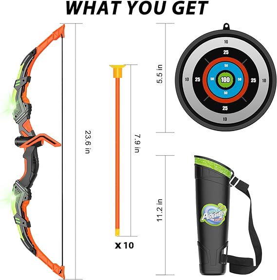 Kids Bow and Arrow Set, LED Light Up Archery Toy Set with 9 Suction Cup Arrows, Target & Arrow Case, Indoor and Outdoor Hunting Play Gift Toys for Kids, Boys & Girls Ages 3-12 - Toyigo