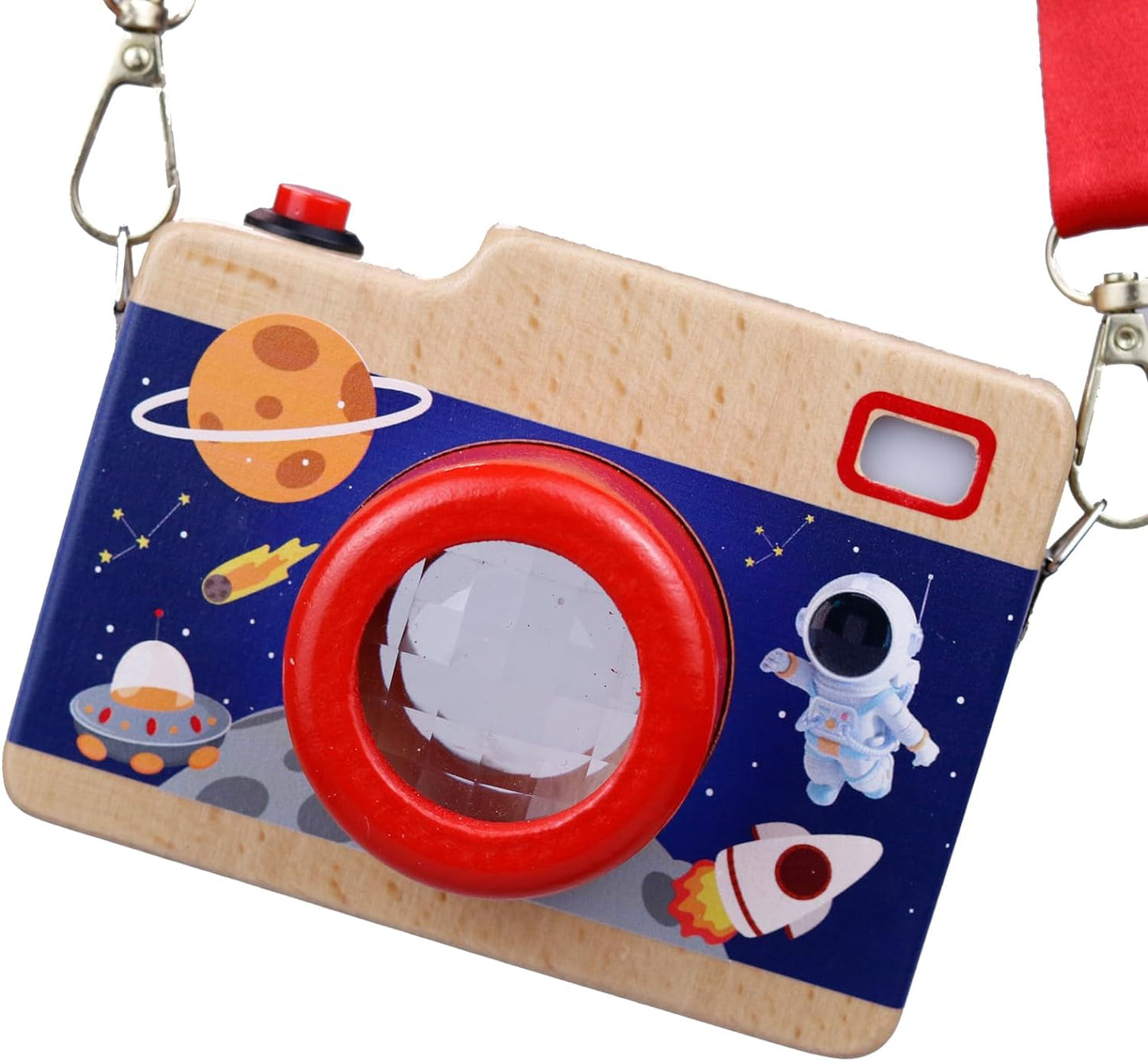 Wooden Mini Camera Toy, Fake Camera Toys, Kaleidoscope Toys, Neck Hanging Photographed Props for Toddlers Age 3-5, Kids Pretend Play, Red and Blue (Pack of 1) - Toyigo