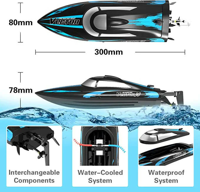 Vector30 Mini Self-Righting RC Pool Boat – 20MPH Racing Boat for Kids and Adults (Black)