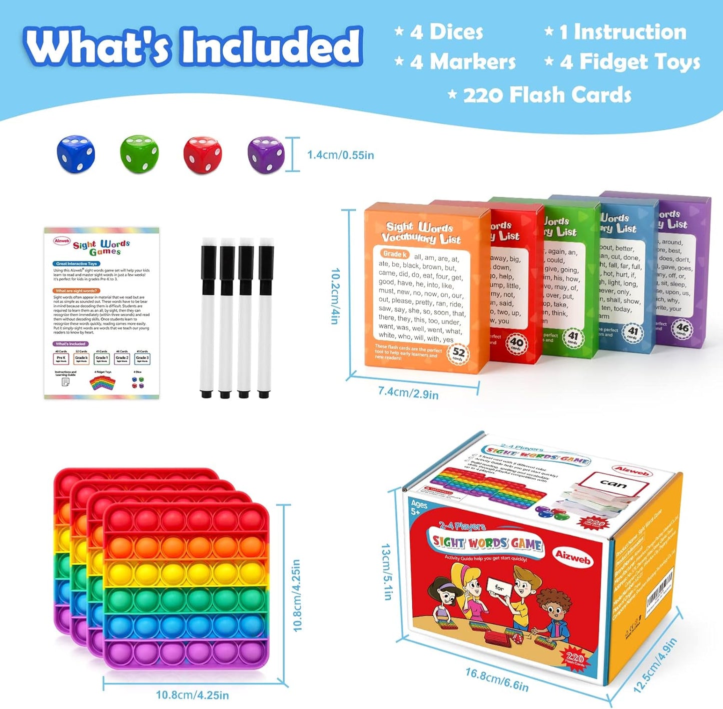 Sight Word Game, Learn to Read,  Flash Card with Pop Mat & Dice for Preschool,  Kindergarten 1st 2nd 3rd Grade, Fidget Educational Reading Learning Site,  Word for Kid Classroom Homeschool Supplies - Toyigo