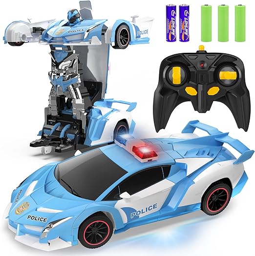 Transformer RC Cars, Single Button Press Transform into Police To Robot, 360 Degree Rotating & Drifting with Flashing Light, 2.4Ghz 1:18 Scale Transforming  Car Lambo Style - Toyigo