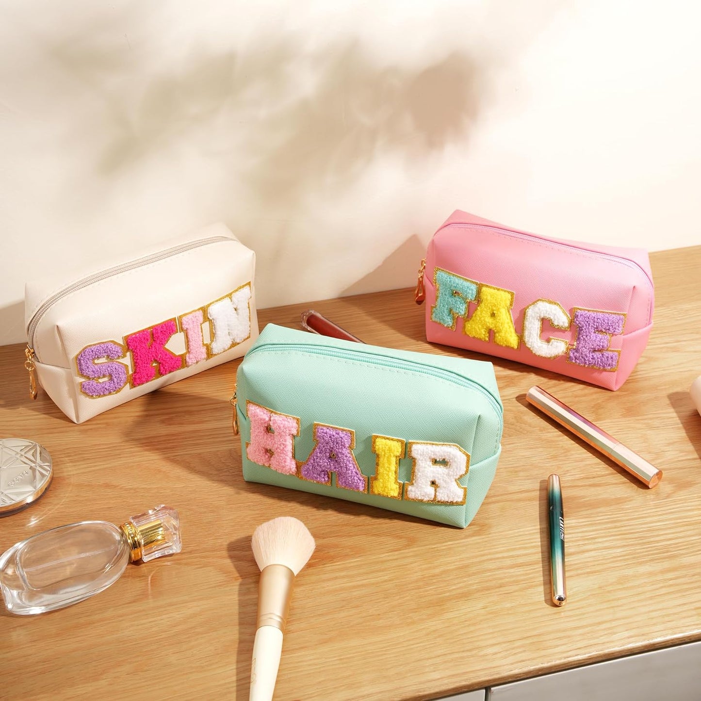 3 Pcs Preppy Makeup Bag, Travel Cosmetic Bag, PU Leather Waterproof Toiletry Bag, Cute Pouch for Teen Girls & Women