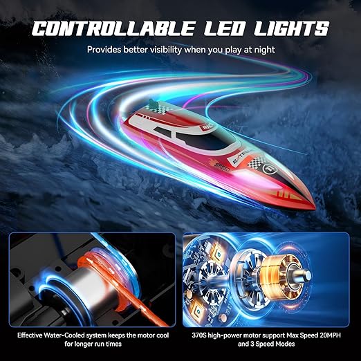 RC Speed Boat, Fast Speed Racing Sailboat 30+KPH, Self-Riding Observing LED Light, RC Boat for Adults & Kids, 2 Batteries 60Min Using Time - Toyigo