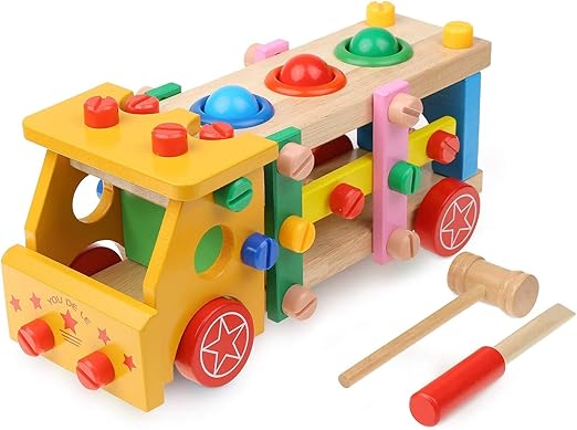 Children's Wooden Screw Car Nut Tool Box Toy, Wooden Montessori Excavator/Digger Model Toy for Boys