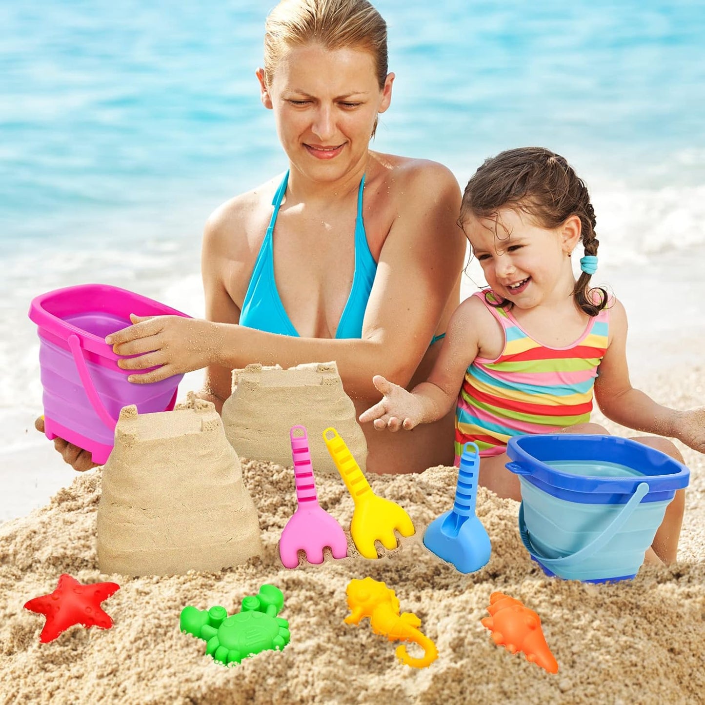 Beach Toys, Collapsible Sand Castle Toys for Beach Include 3 Pack Foldable Buckets, Shovels Molds and Storage Mash Bag for Kids 3-10, Sandbox Travel Toys for Toddlers Kids